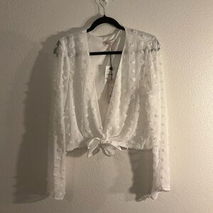 NWT BCBGMaxaria White PomPom Long Sleeve Top